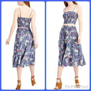 2 Piece Set Smocked Sea Blue Floral Midi Skirt & Cropped Adjustable Top NWT S